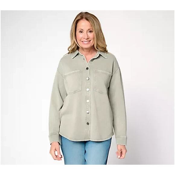 Love Tops - Peace Love World French Terry Button Front Shirt Agave Green XS A702746